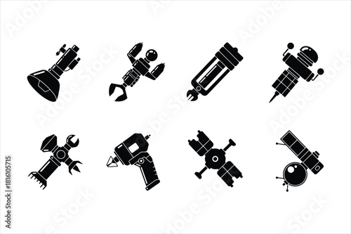 Set of eight black silhouette icons for space tool and robot part