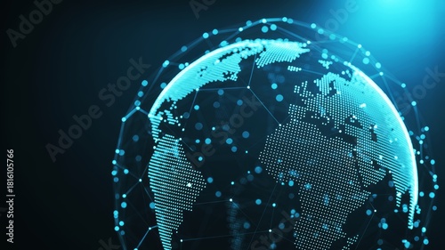 A digital representation of Earth featuring a network of glowing dots and lines, suggesting connectivity and global data sharing.