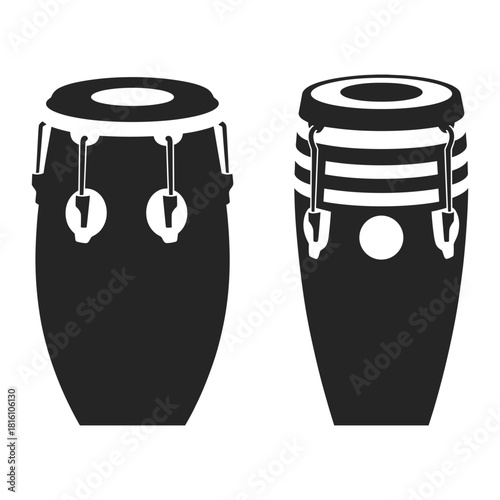 Two black silhouettes of conga drums on a white background percussion musical instrument