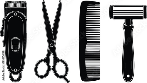 Hair cutting tools including clippers, scissors, comb, and razor for personal grooming and hairstyling needs 