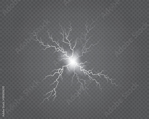 Realistic Set of White Lightning Bolts on Transparent Background Vector