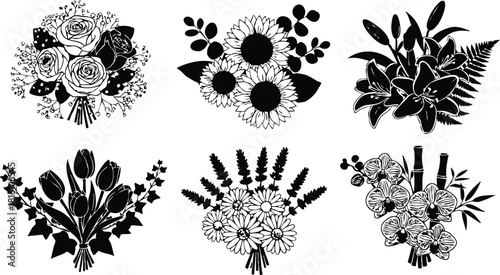 Floral bouquet designs featuring a variety of flowers suitable for special occasions like weddings and celebrations 