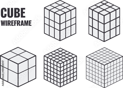 Wireframe Cubes of Varying Grid Sizes on White Background Keywords: cube, wireframe, 3d