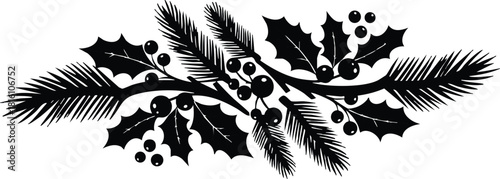 Holly and pine branches create festive design for holiday celebrations and winter occasions 