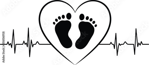 Baby footprints inside heart shape with heartbeat line, newborn love symbol, pregnancy announcement concept, parent love, black vector illustration isolated on white.