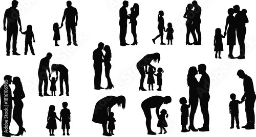 Big collection of family silhouettes, parents holding hands with children, loving couples hugging and kissing, mothers and fathers walking with kids, black vector illustration.