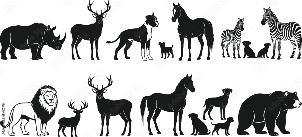 Naklejka premium Collection of black silhouettes of wild and domestic animals including lion, horse, bear, and zebra, vector illustration set isolated on white background