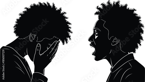 Black silhouettes of an African American woman crying and screaming, emotional expression vector illustration isolated on white background, mental health concept design