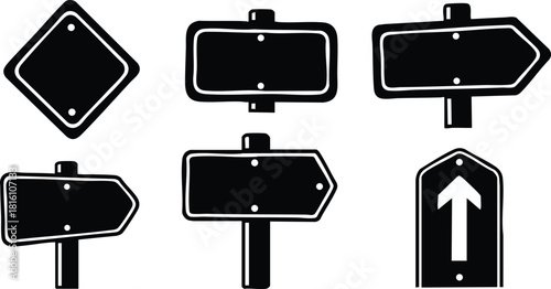 Various road signs set in black vector style for direction indication and traffic management purposes 