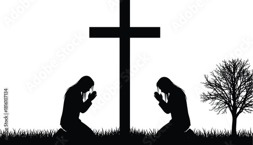 Black silhouette of two women kneeling in prayer by a cross, Christian religious vector illustration background, faith and spirituality concept design
