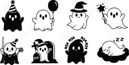 Cute ghost characters for Halloween celebration with party hats, balloons, and spooky accessories creating a fun atmosphere 