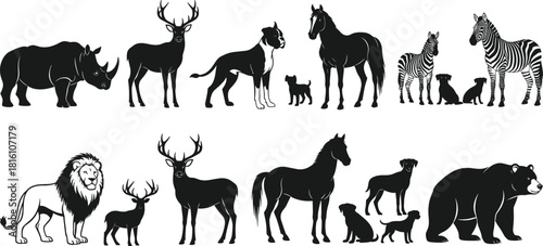 Collection of black silhouettes of wild and domestic animals including lion, horse, bear, and zebra, vector illustration set isolated on white background