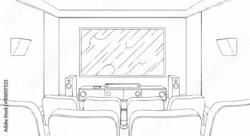 Home theater room with screen and comfortable seating arrangement.