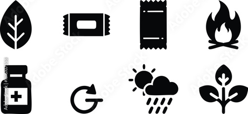 Nature-themed vector icons representing health, weather, and sustainability in a minimalistic style 