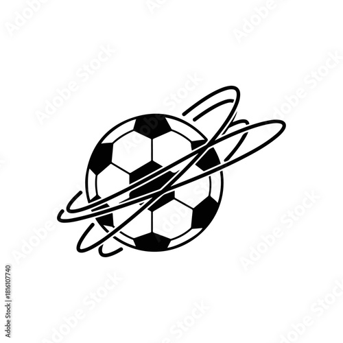 Soccer ball with orbiting rings graphic.