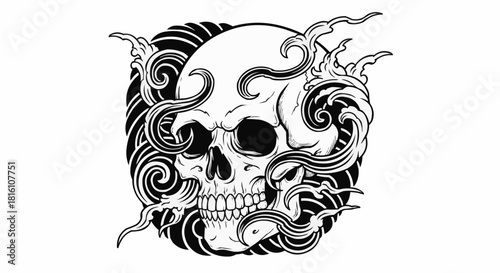 Hand drawn human skull with ornamental smoke waves illustration.