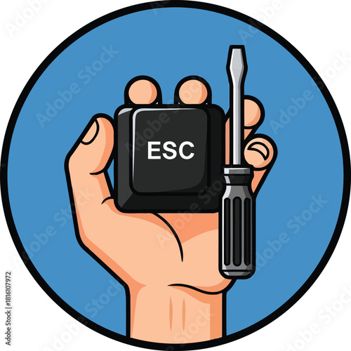 Hand holding E S C key and screwdriver on blue background