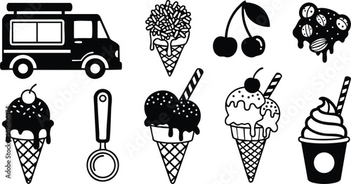 Ice cream truck and delicious ice cream cones illustrations featuring various toppings and flavors for summer enjoyment 