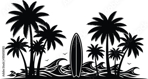 Surfboard among palm trees and ocean waves creating a tropical beach scene for summer vibes 