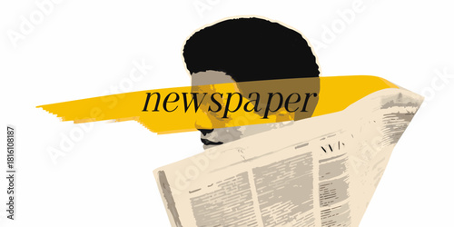 Abstract illustration of person reading newspaper with yellow highlight