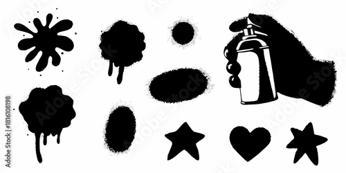 Spray paint elements hand holding can splatters and shapes in black