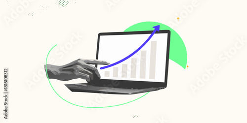 Laptop with rising graph and hand for business growth concept