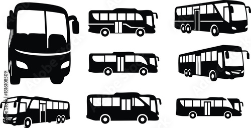 Various bus silhouettes in black showcasing different styles and designs for transportation or graphic resources 