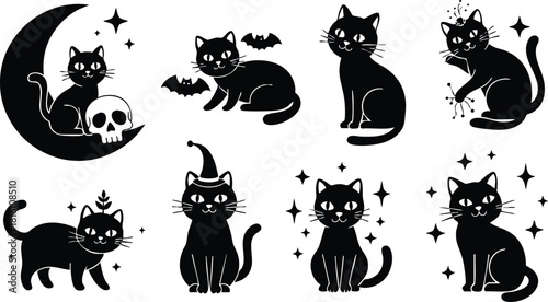 Black cats in various playful poses with Halloween elements like bats and a skull for festive designs 