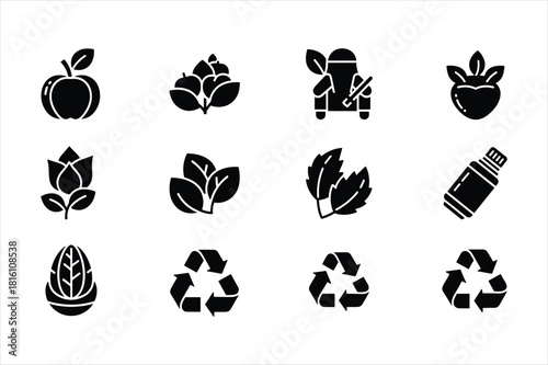 Set of twelve black silhouette icons related to nature, organic, and recycling