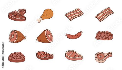 Meat Icon Set – Butcher Cuts, Cooking & Food Vector Illustration