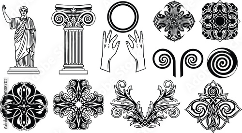 Greek art elements including statue, columns, hands, and ornamental designs for classic decor inspiration 