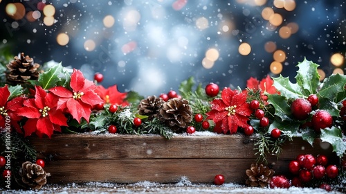 Beautiful winter arrangement with red flowers, pinecones, and festive decorations in a snowy setting