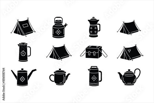 Collection of black and white camping icons including tent and coffee pot