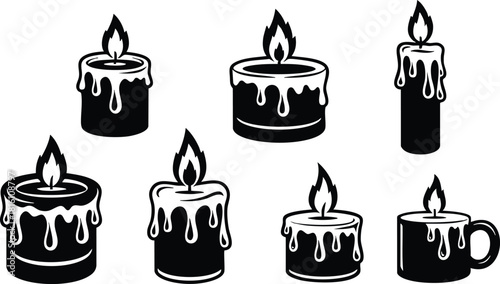 Various candle designs featuring dripping wax and flames for cozy ambiance and decoration 