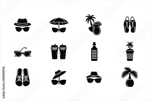 Set of black silhouette icons representing summer vacation and beach travel