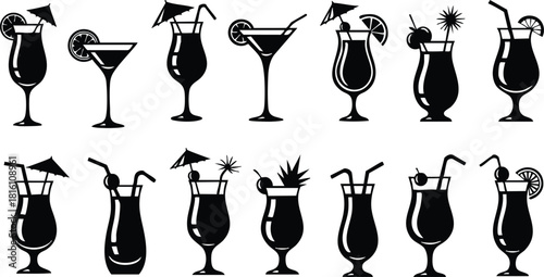 Cocktail drinks vector illustration featuring various styles and garnishes for summer parties and celebrations 