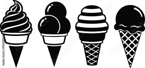 Ice cream cone illustrations featuring various styles and toppings for delicious summer treats 