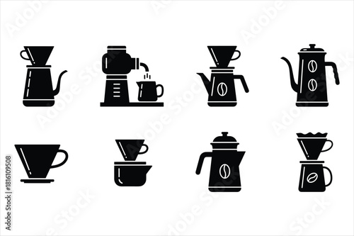 Set of coffee brewing equipment icons for pour over and drip method