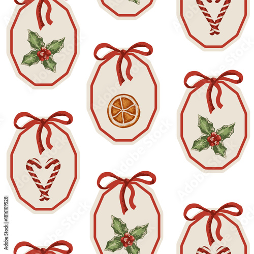 Christmas seamless pattern with cane candy and mistletoe berry