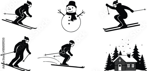 Skiing activities with snowman and cabin illustration for winter sports enthusiasts 
