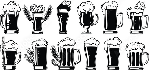 Variety of beer mugs and glasses showcasing different styles and frothy tops in a creative vector illustration 