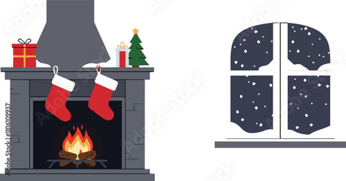 Cozy Christmas scene with fireplace and snowy window, evoking warmth and holiday cheer