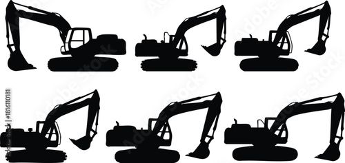 Excavator silhouettes showing various positions and movements in construction work for graphic design purposes 