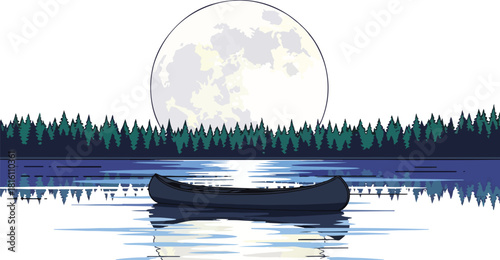 Full Moon over a Serene Lake with a Lone Canoe.