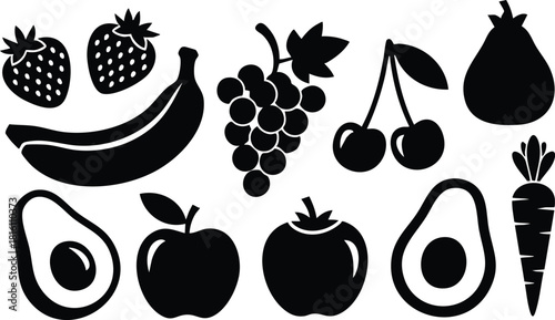 Fruit vector illustration featuring strawberries, bananas, grapes, cherries, pears, apples, avocados, and carrots for healthy eating 