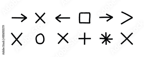 Hand drawn symbols and shapes on white background