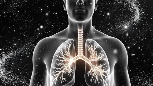 Human body with lungs and respiratory system in a cosmic background