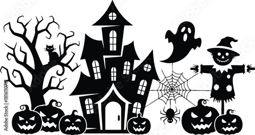 Halloween haunted house with spooky decorations, pumpkins, ghosts, and a scarecrow for festive celebrations 