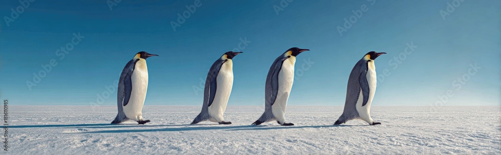 Obraz premium Four emperor penguins walking single-file across a snow-covered landscape beneath a clear blue sky