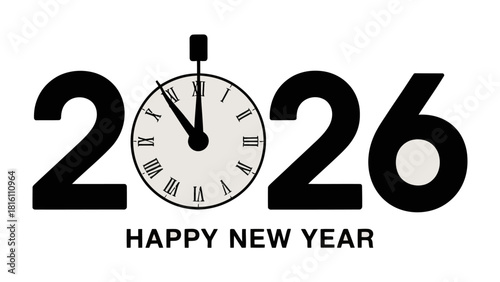 New Year Countdown: The year 2026 is heralded by a classic clock design, accompanied by the inscription Happy New Year, symbolizing fresh beginnings and the passage of time.